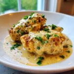 Close-up of three pieces of pan-seared dijon chicken smothered in a creamy mustard sauce and topped with fresh parsley.