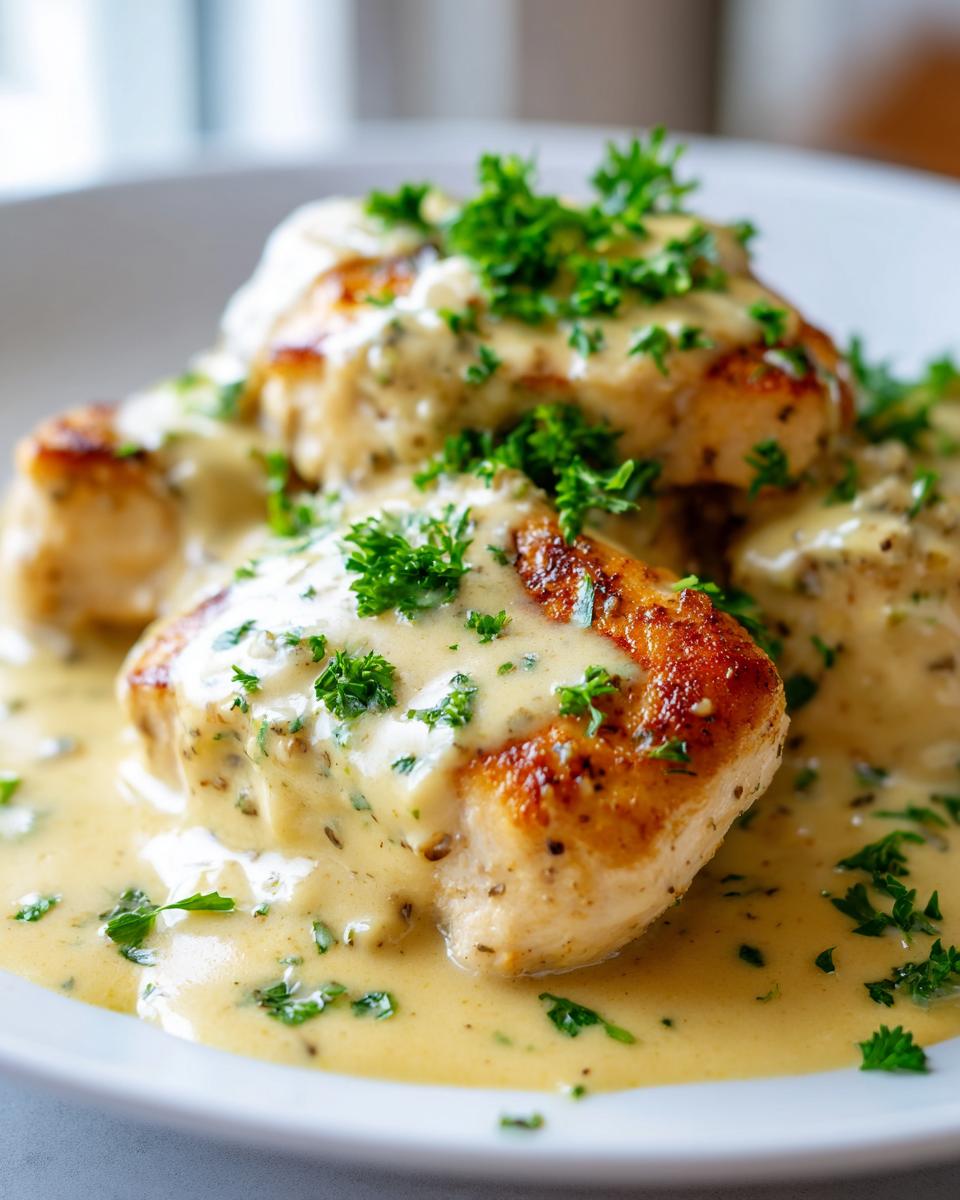 Close-up of pan-seared Dijon chicken breasts smothered in a creamy, yellow sauce and garnished with fresh parsley.