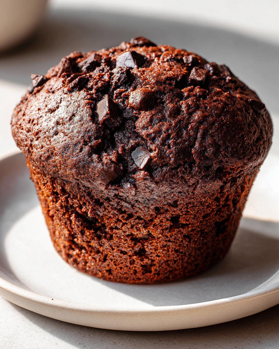 A close-up of a perfectly baked, dark double chocolate muffin topped with melted chocolate chunks.