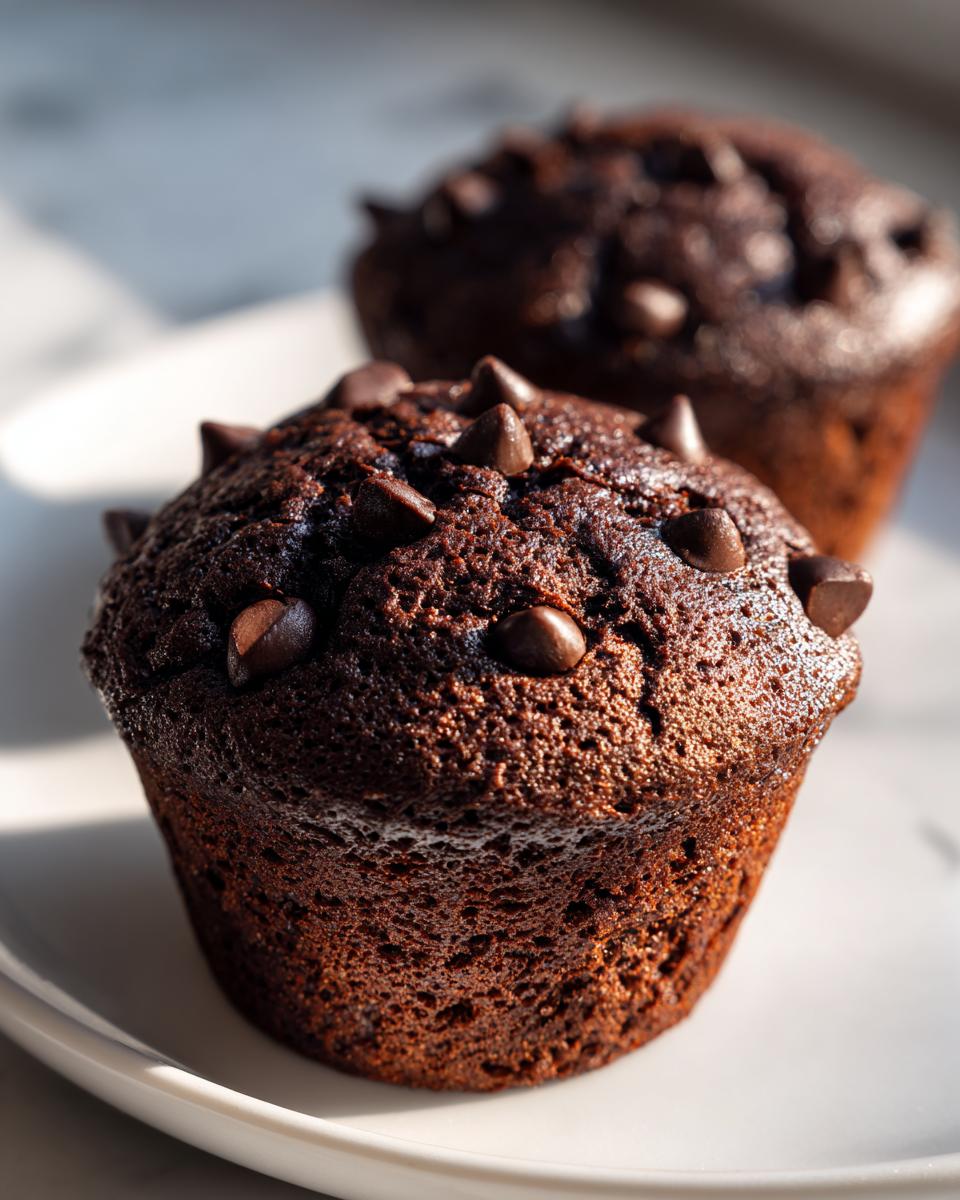 A close-up, sunlit photo of a rich, dark double chocolate muffin topped with chocolate chips, with another muffin blurred in the background.