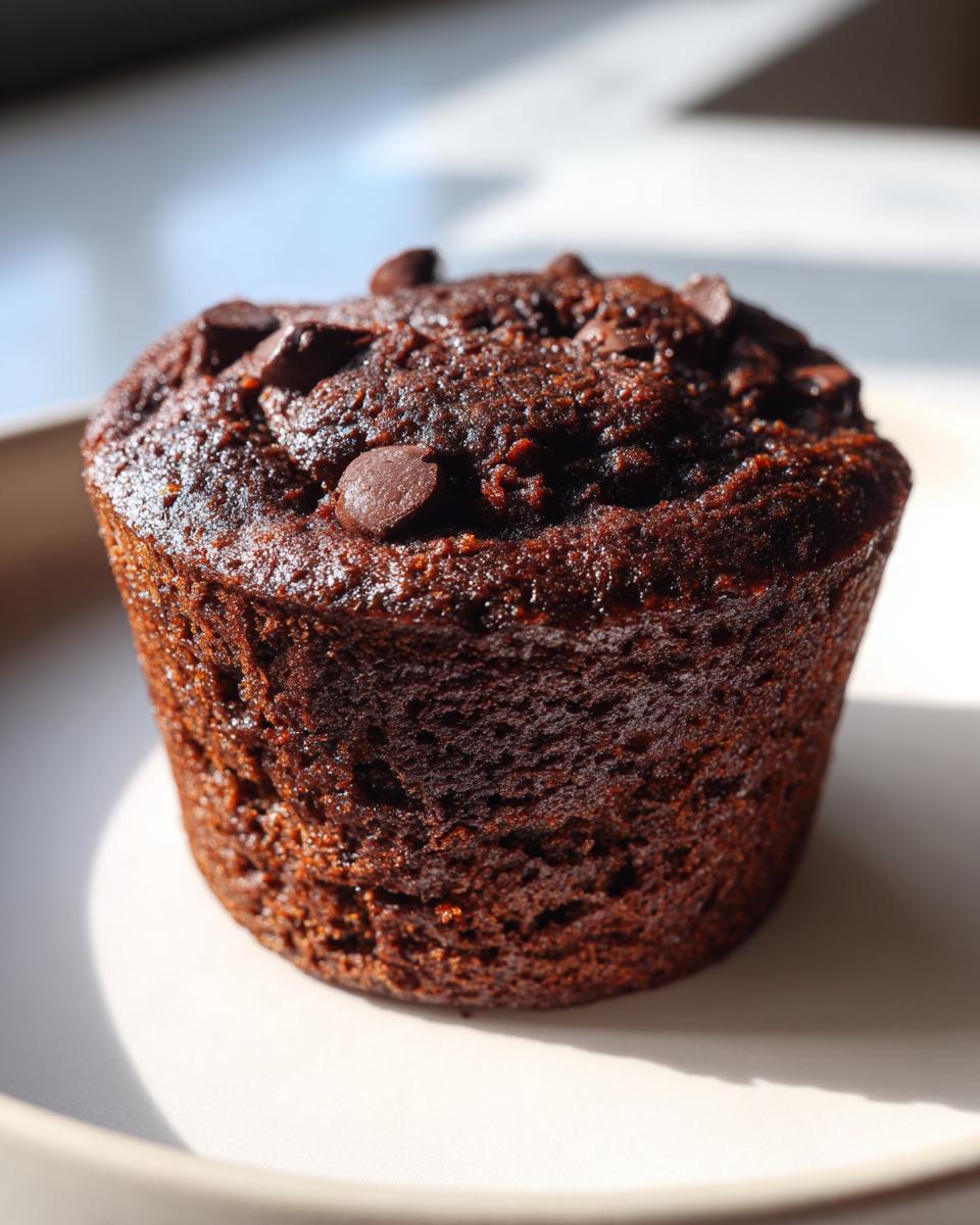 Close-up of a moist, dark double chocolate muffin studded with chocolate chips on a light plate.