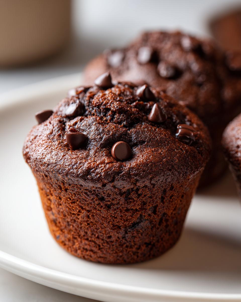 A close-up of a moist, dark chocolate muffin topped with chocolate chips, part of a batch of double chocolate muffins.