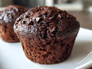 Close-up of a rich, dark double chocolate muffin topped with melted chocolate chips on a white plate.