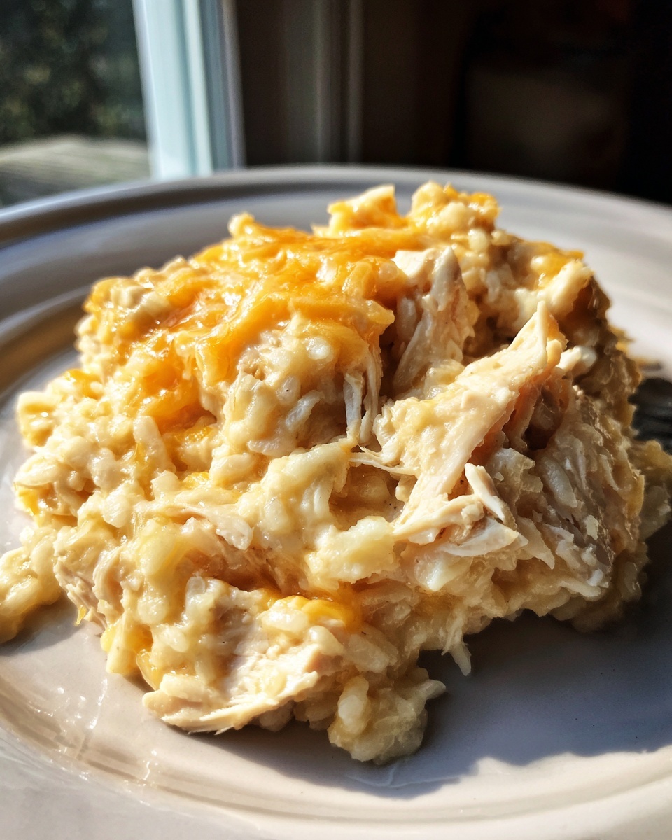 A close-up of a serving of creamy easy crockpot chicken and rice topped with melted cheddar cheese on a plate.
