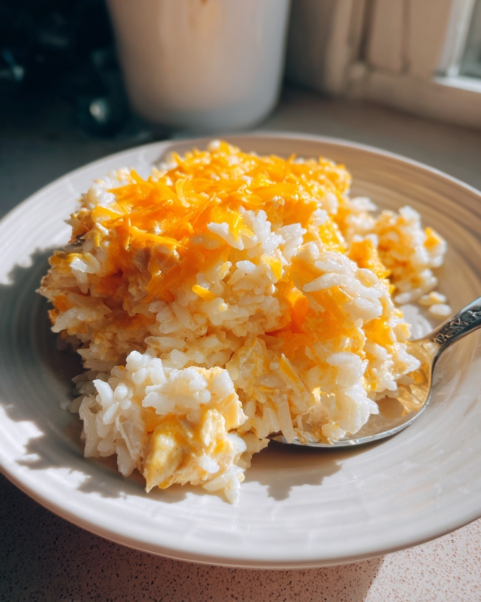 A close-up of a serving of easy crockpot chicken and rice topped with melted shredded cheddar cheese on a white plate.