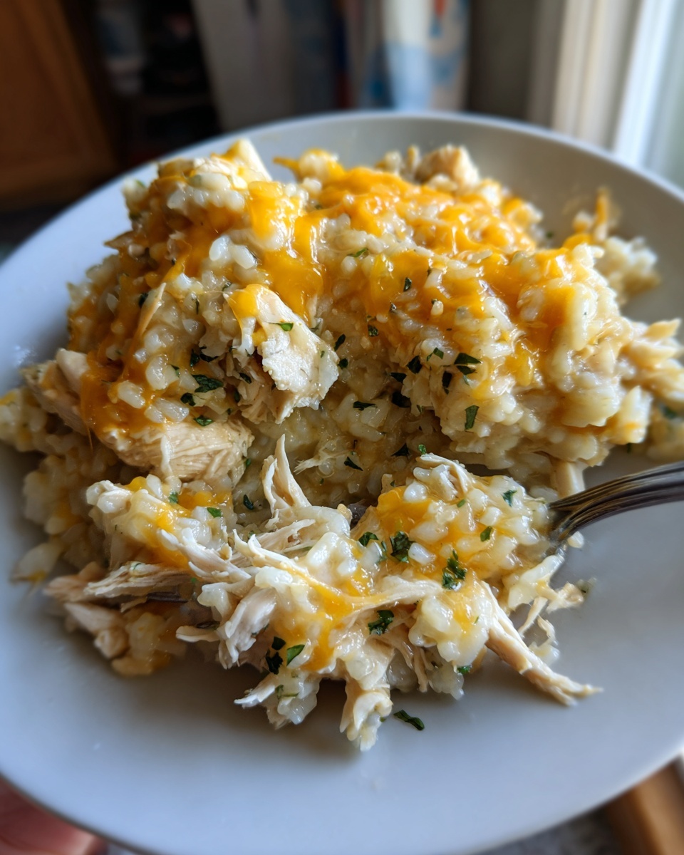 A close-up of a bowl filled with easy crockpot chicken and rice, topped with melted cheddar cheese and parsley.