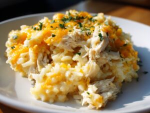 A close-up serving of creamy easy crockpot chicken and rice topped with melted cheddar cheese and fresh parsley.