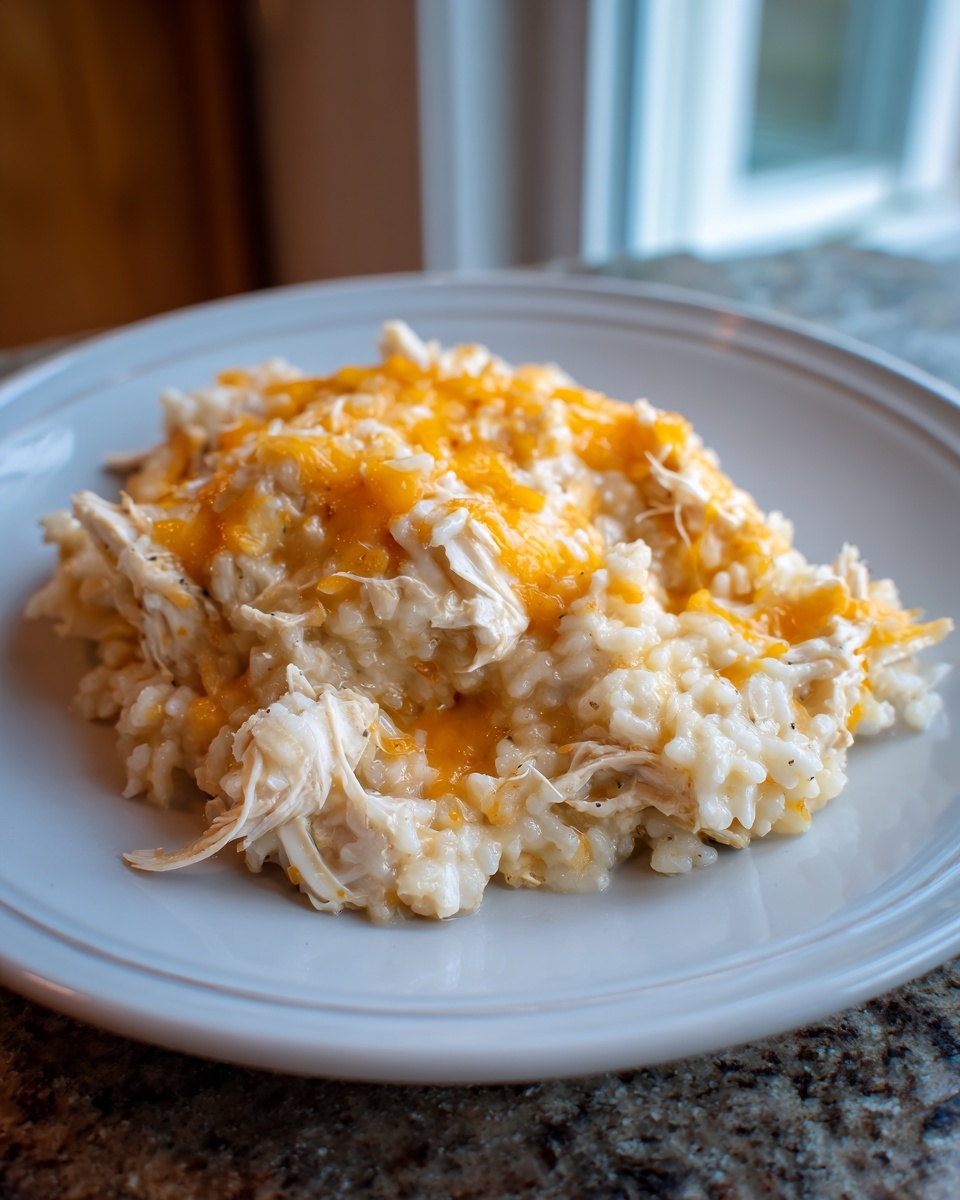 A serving of creamy easy crockpot chicken and rice topped with melted cheddar cheese on a white plate.