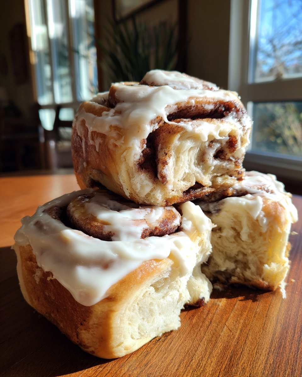 Close-up of two fluffy cinnamon rolls homemade stacked on a wooden surface, generously covered in white cream cheese icing.