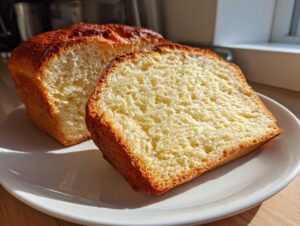 Two slices of golden-crusted cottage cheese bread showing a soft, airy interior, resting on a white plate.