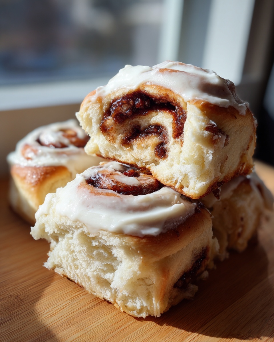 Close-up of fluffy homemade cinnamon rolls stacked, showing the gooey cinnamon swirl and thick white frosting.