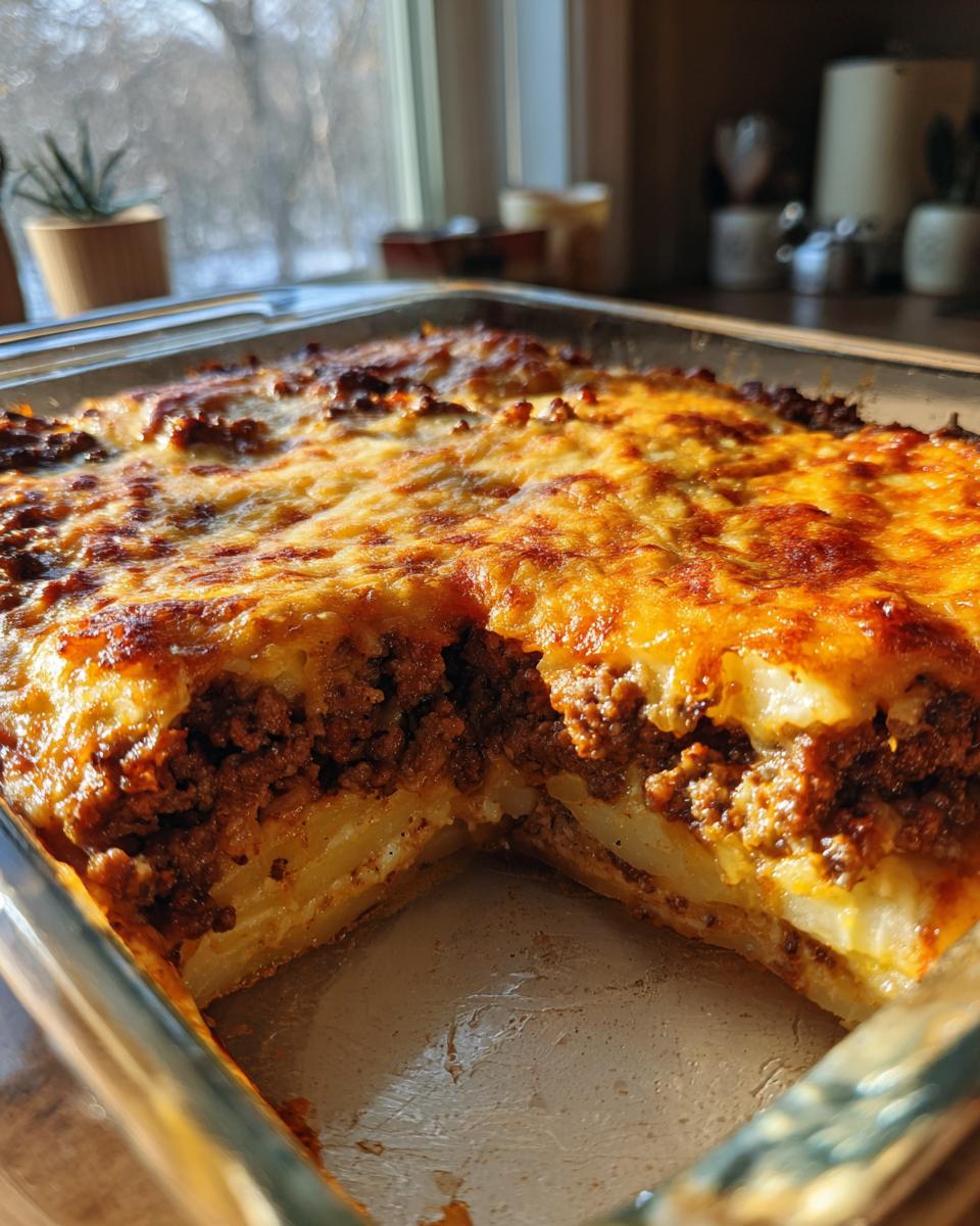 A close-up of a freshly baked french onion beef and potato bake showing layers of potatoes, ground beef, and melted cheese.