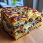 Close-up of a layered slice of french onion beef and potato bake with melted cheese topping.
