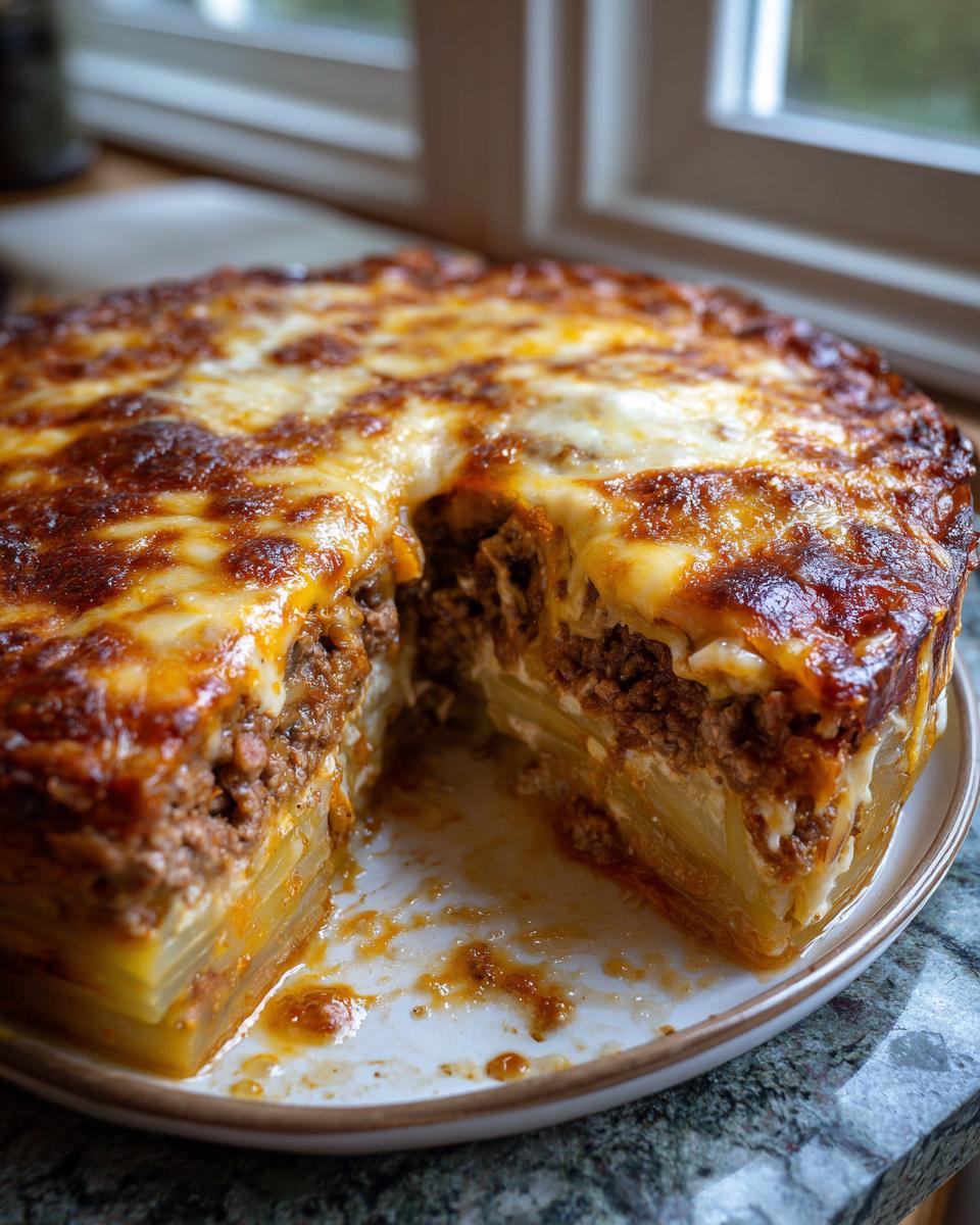 A round french onion beef and potato bake with a slice removed, showing layers of potatoes and meat topped with browned cheese.