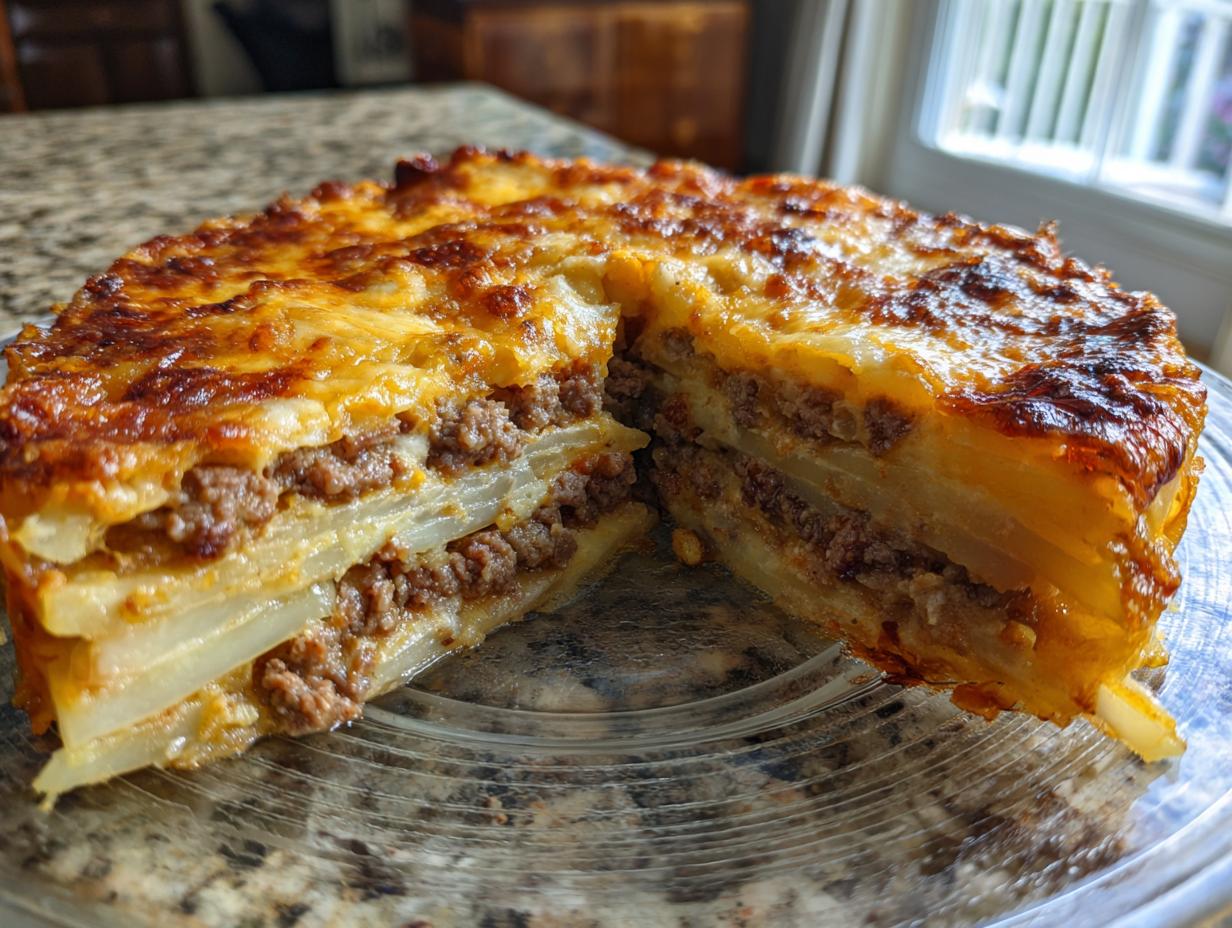 Cross-section view of a rich french onion beef and potato bake showing layers of potatoes and ground beef.