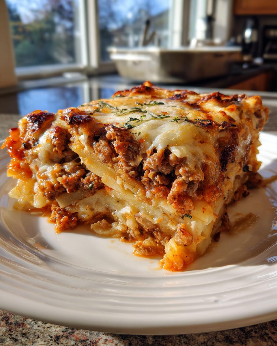 A hearty slice of french onion beef and potato bake with layers of meat, potatoes, and melted cheese topping.