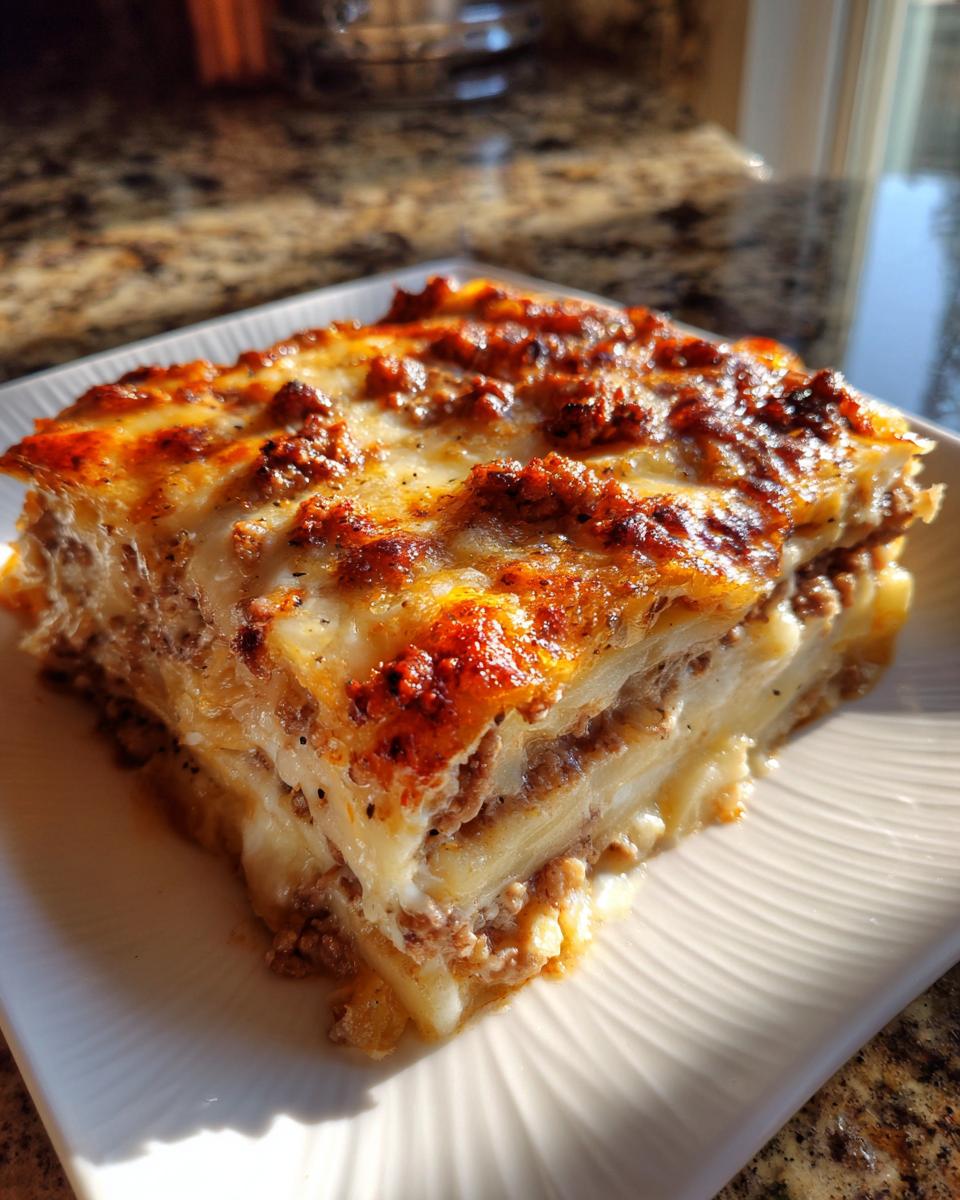 A hearty, layered slice of french onion beef and potato bake with a golden, cheesy top.
