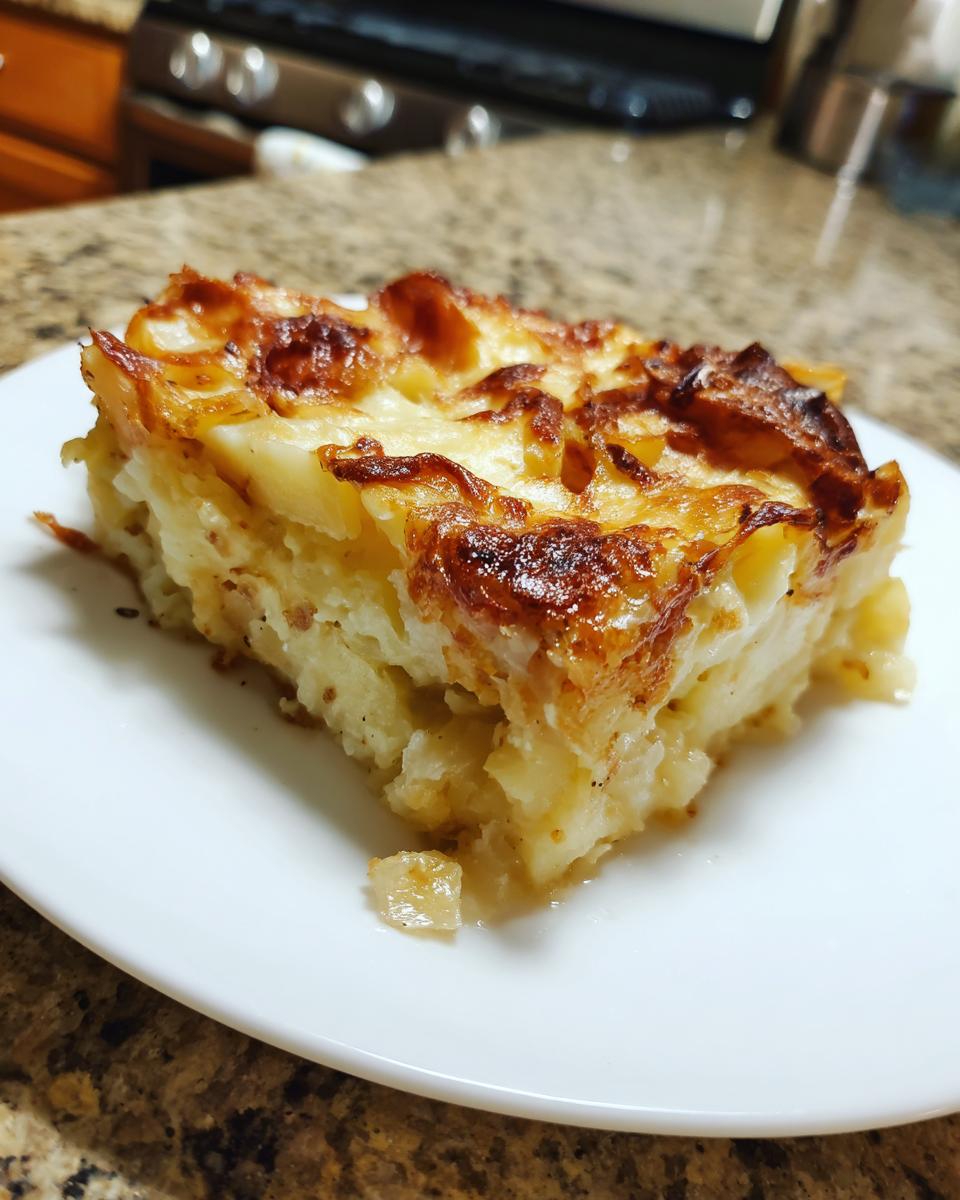 A square serving of golden-brown french onion mashed potato bake on a white plate.