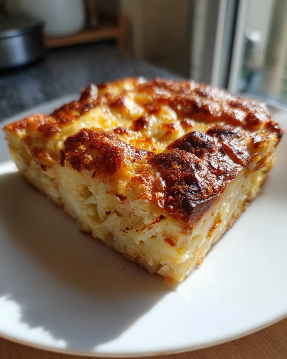 A square slice of french onion mashed potato bake with a deeply browned, cheesy top crust.