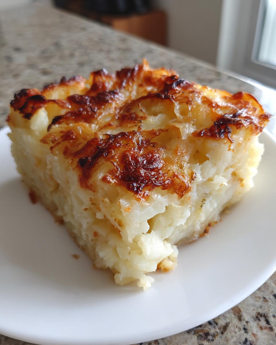 A square serving of french onion mashed potato bake with a deeply browned, cheesy crust.
