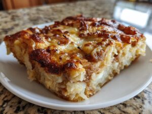 A close-up of a baked slice of french onion mashed potato bake with a golden, cheesy crust.