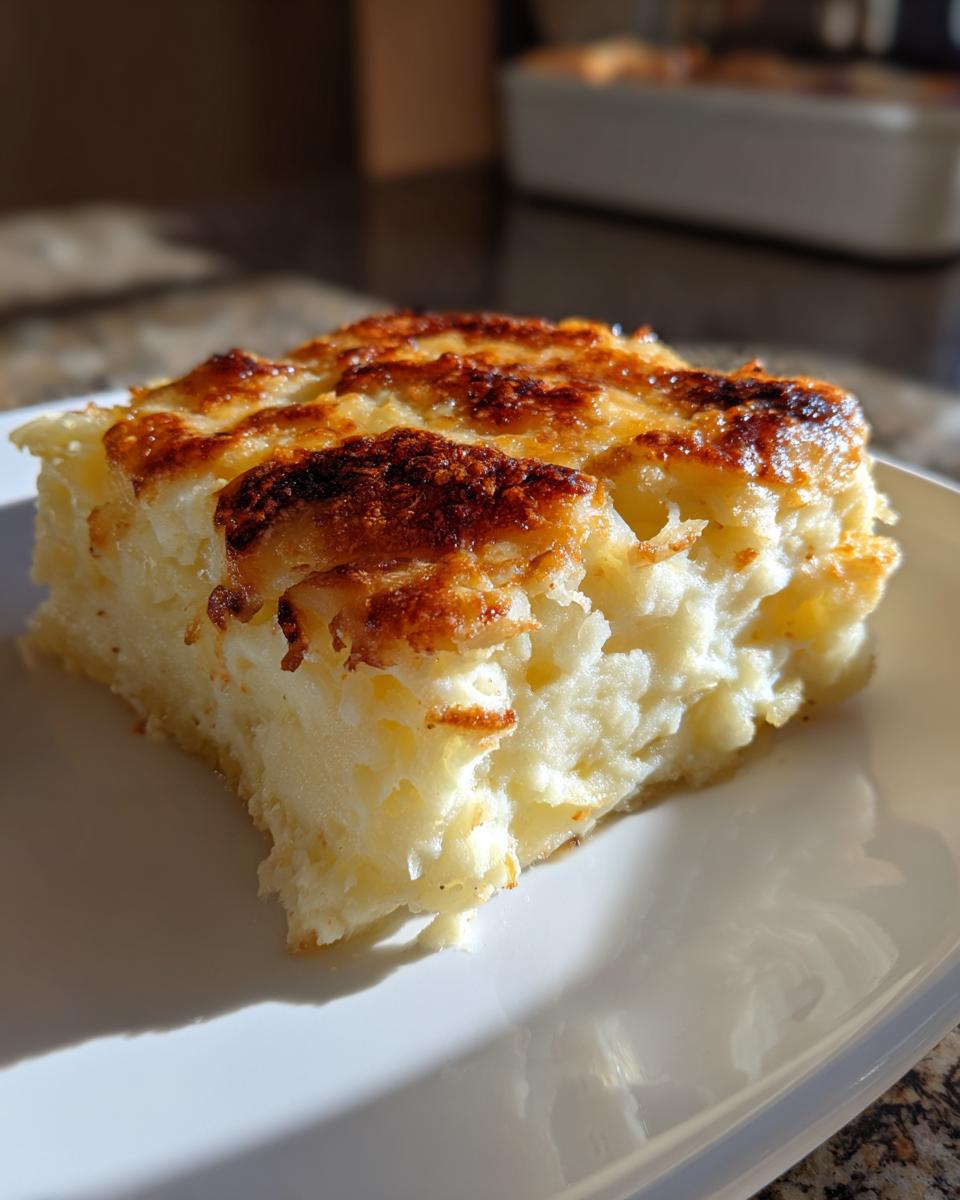 A square slice of creamy french onion mashed potato bake with a golden-brown, cheesy crust.