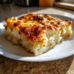 A square serving of cheesy, baked french onion mashed potato bake with a golden-brown, crispy top.