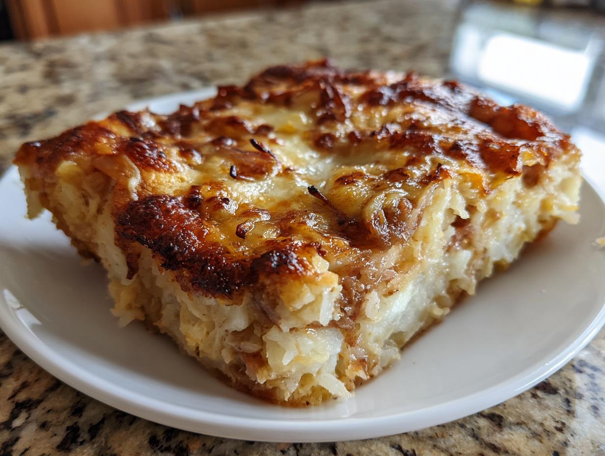 A close-up of a baked slice of french onion mashed potato bake with a golden, cheesy crust.