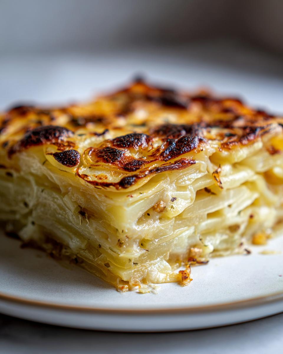 Close-up of a square slice of french onion potato bake showing layered potatoes and a browned, cheesy top.