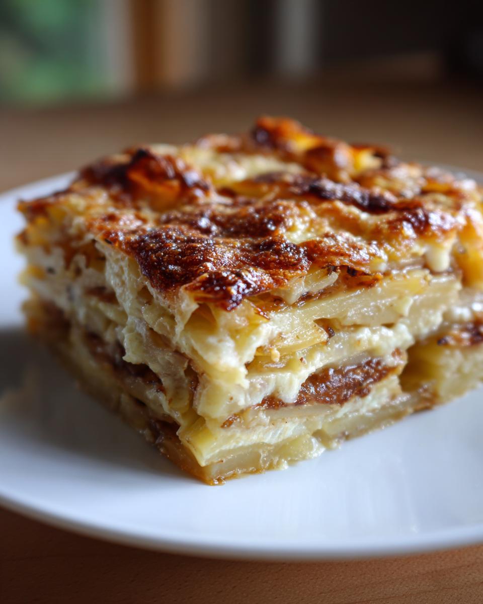 Close-up of a square slice of french onion potato bake showing layers of thinly sliced potatoes and creamy sauce.