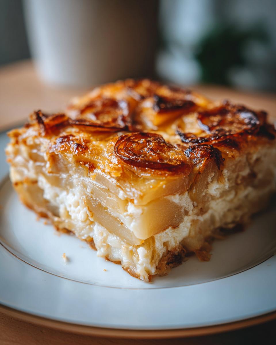 Close-up of a serving of french onion potato bake showing layers of creamy filling and caramelized onions.