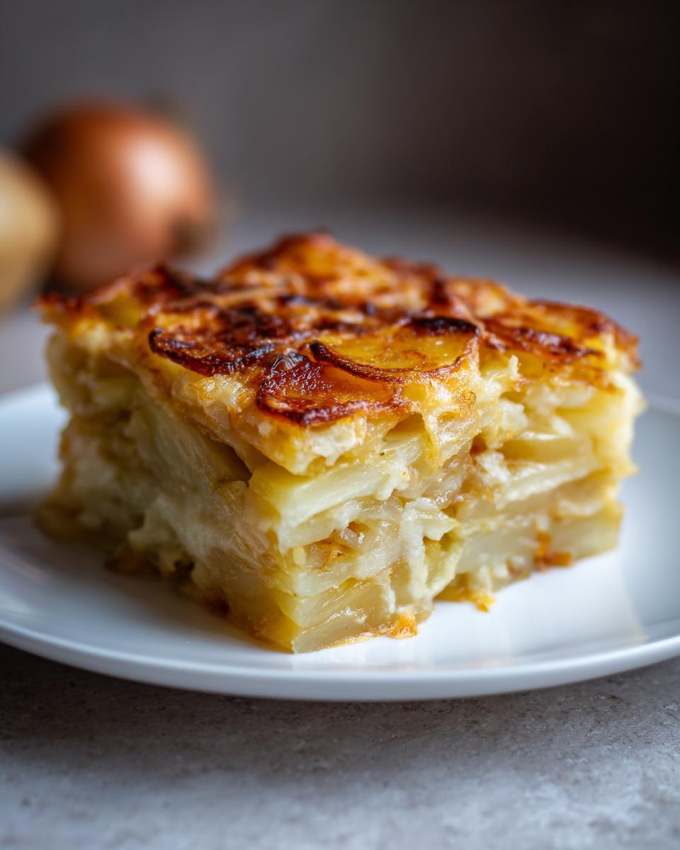Close-up of a rich slice of french onion potato bake showing layered potatoes and a golden-brown, cheesy top.