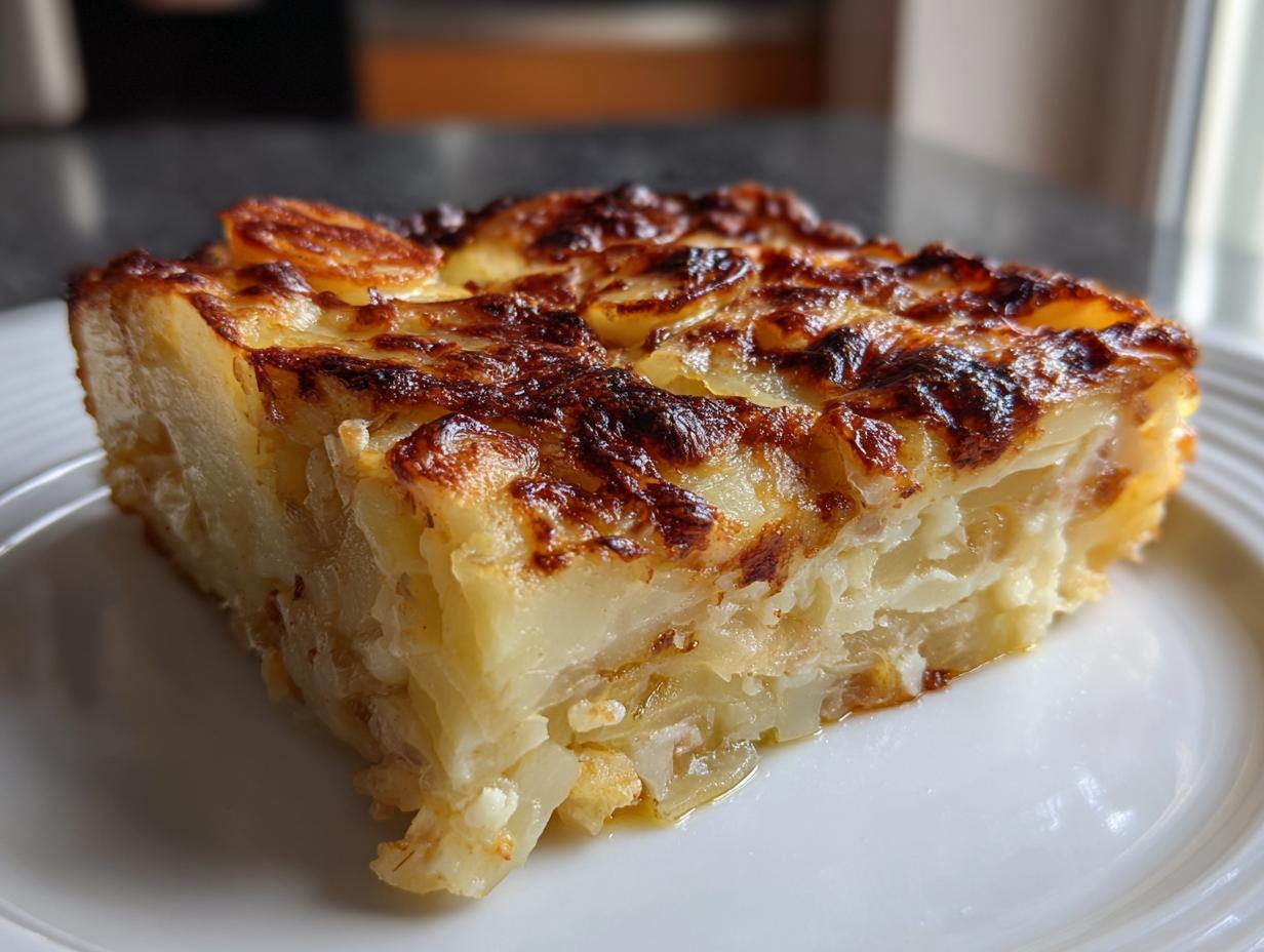A thick, golden-brown slice of french onion potato bake served on a white plate.