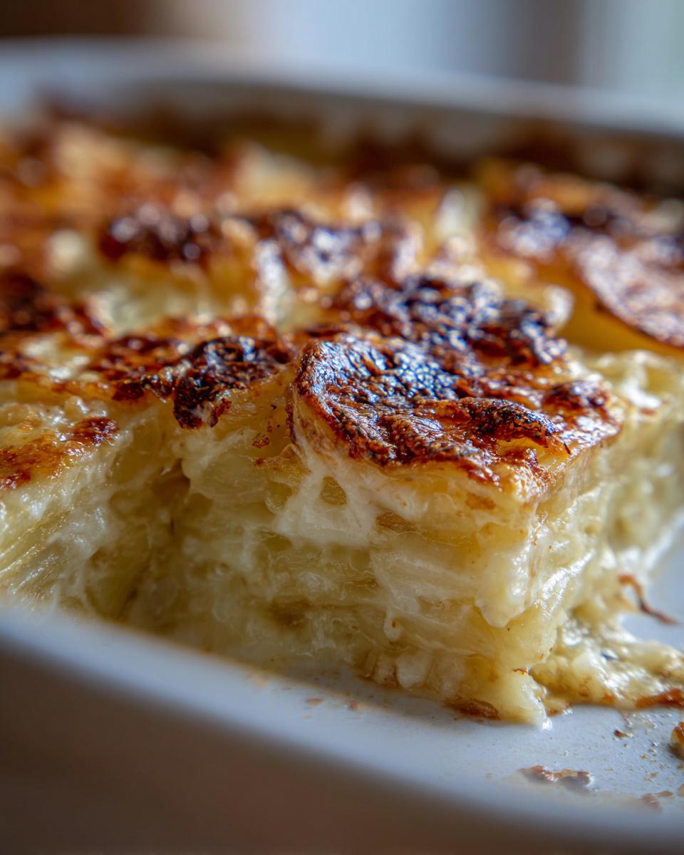 A close-up, cross-section view of the creamy, layered french onion soup potato bake with a deeply browned, cheesy top crust.