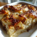 Close-up of a rich, cheesy french onion soup potato bake with a deeply browned, herbed crust.