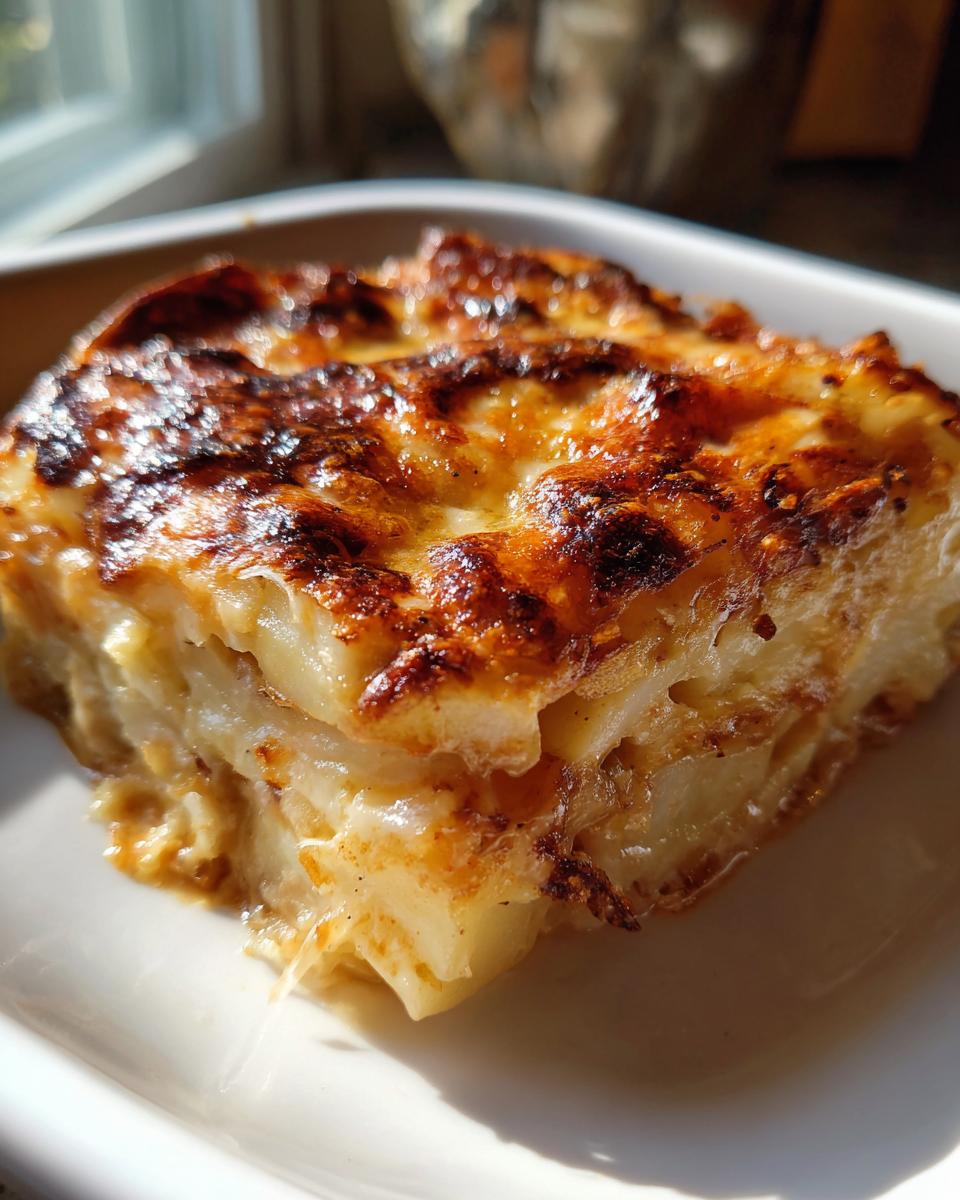 A close-up slice of rich french onion soup potato bake with a deeply browned, cheesy top layer.
