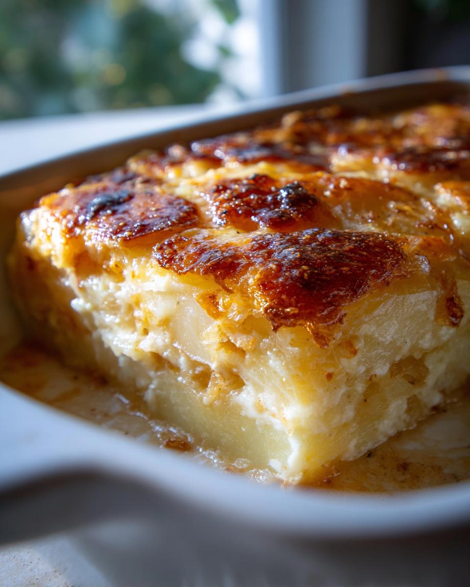 A close-up of a rich, cheesy slice of french onion soup potato bake with a deeply browned, bubbly top crust.