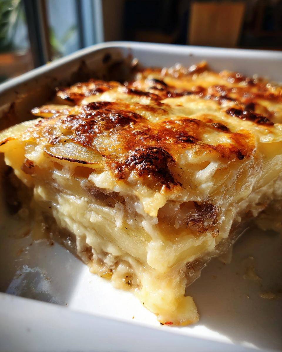 Close-up of a rich, cheesy slice of french onion soup potato bake showing layers of potatoes and caramelized onions.