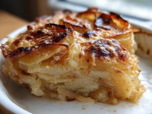 Close-up of a serving of french onion soup potato bake showing layered potatoes and a golden, bubbly cheese crust.