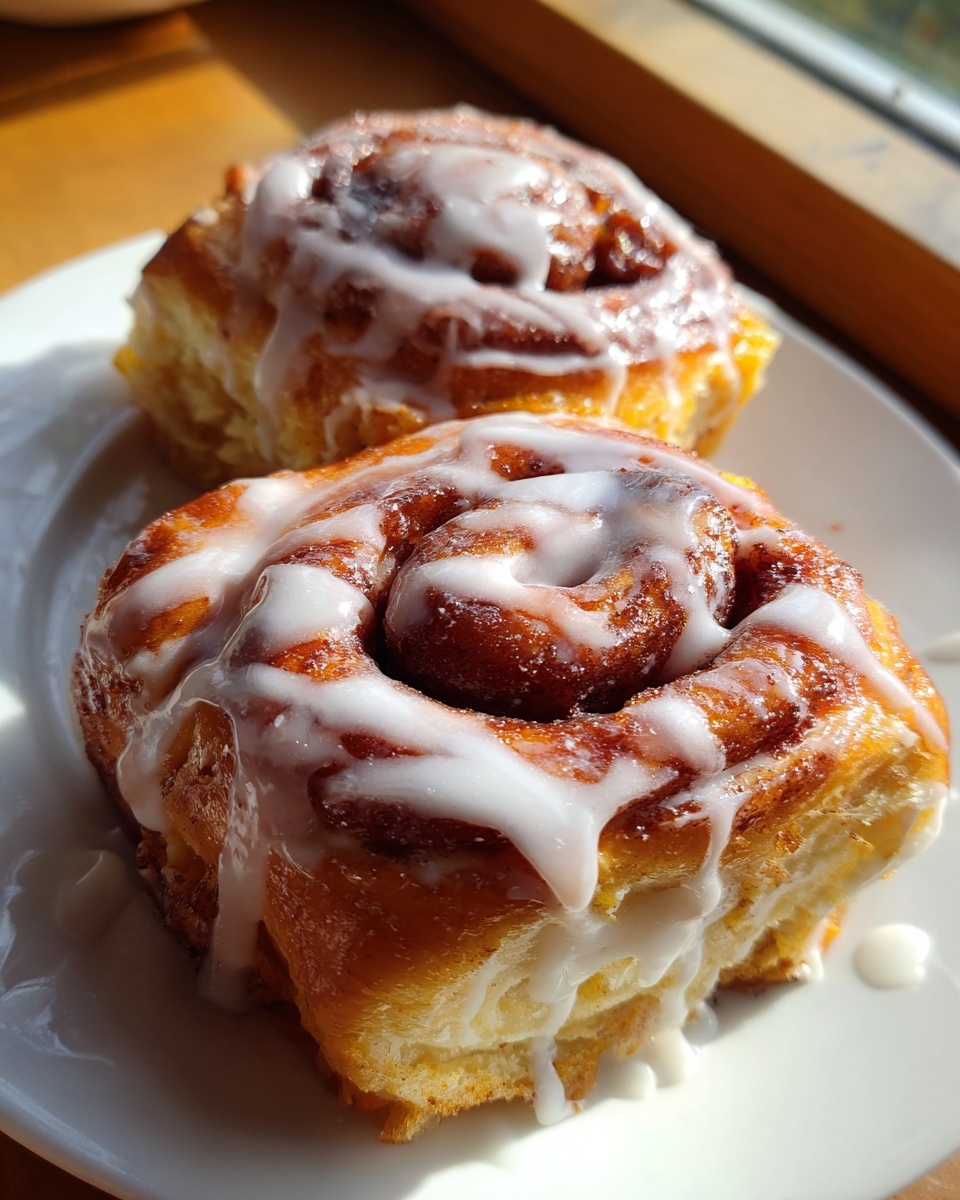 Two delicious apple cinnamon rolls covered in thick white icing, sitting on a white plate.