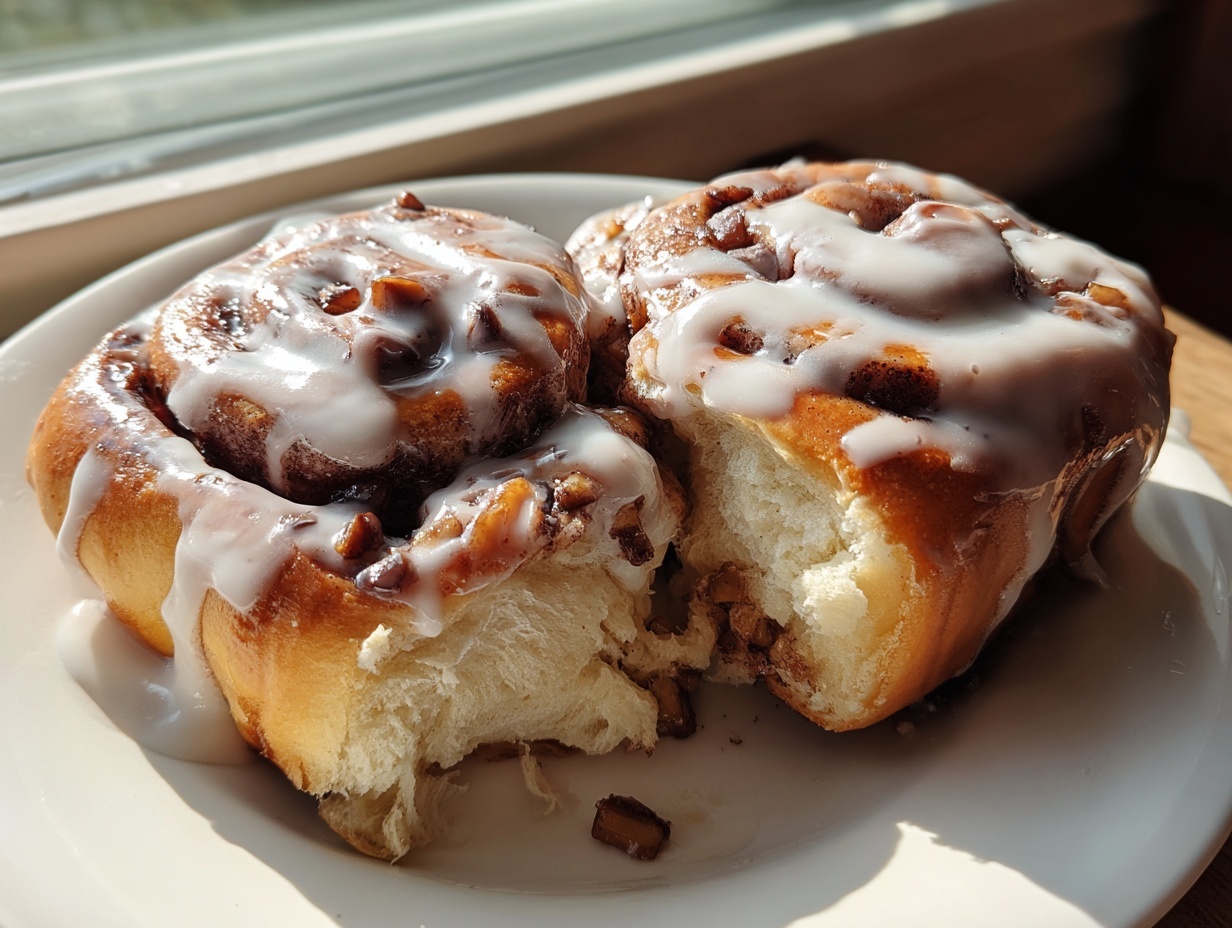 Two gooey, glazed apple cinnamon rolls, one broken open to show the soft interior and cinnamon filling.
