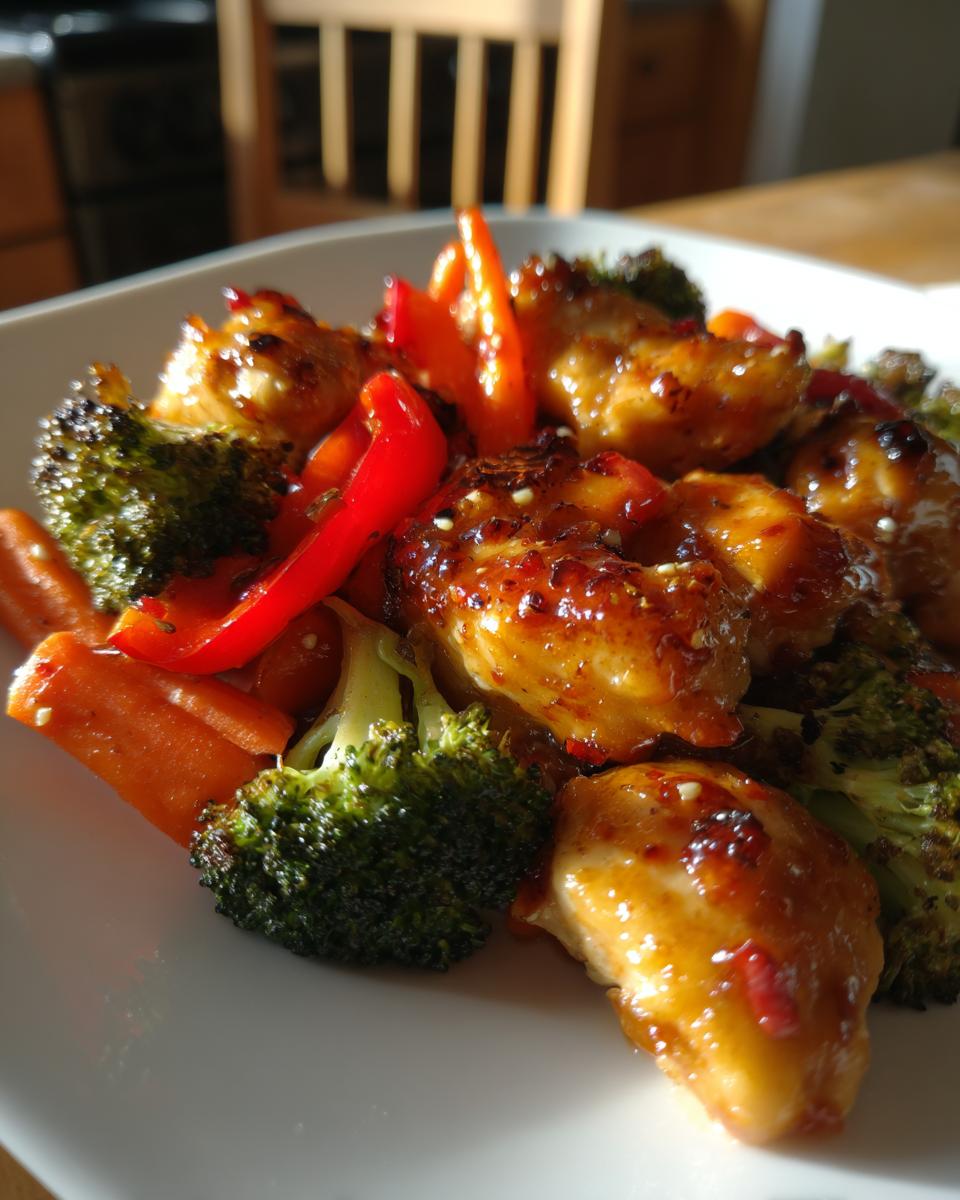 Close-up of glazed honey dijon chicken pieces served with roasted broccoli, carrots, and red peppers.