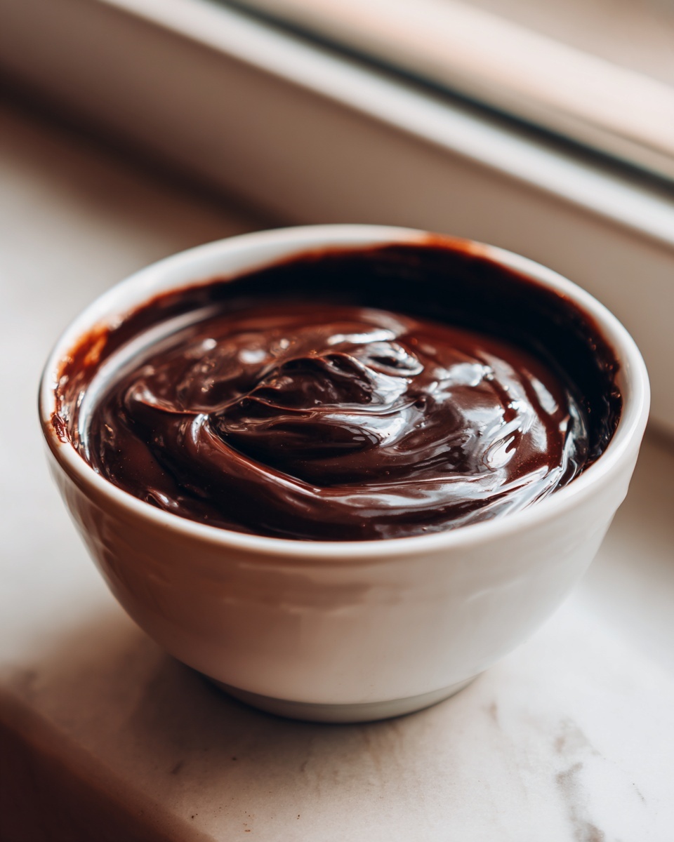 A close-up of thick, glossy homemade chocolate sauce swirled inside a small white bowl.