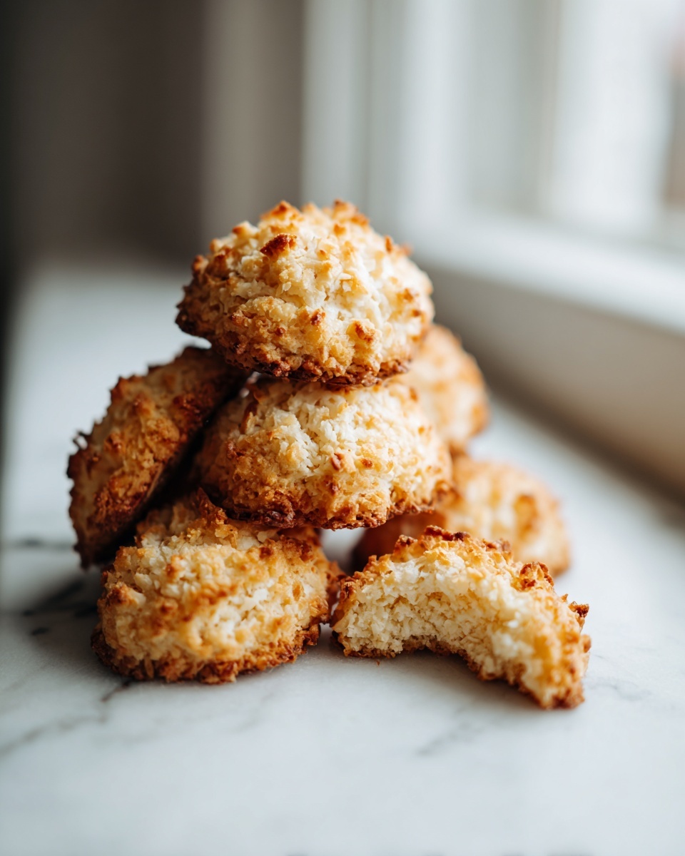 A stack of golden brown, chewy coconut cookies, with one cookie broken open to show the texture.