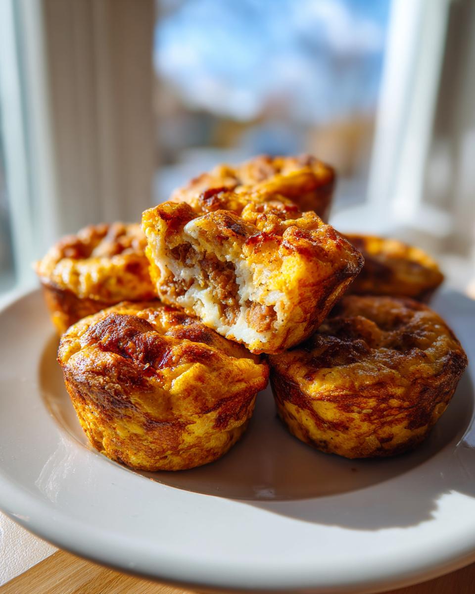 A stack of golden brown McGriddle bites on a white plate, one is broken open showing sausage and egg filling.