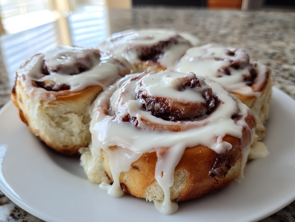 Close-up of four gooey cinnamon rolls generously topped with dripping white cream cheese icing on a white plate.