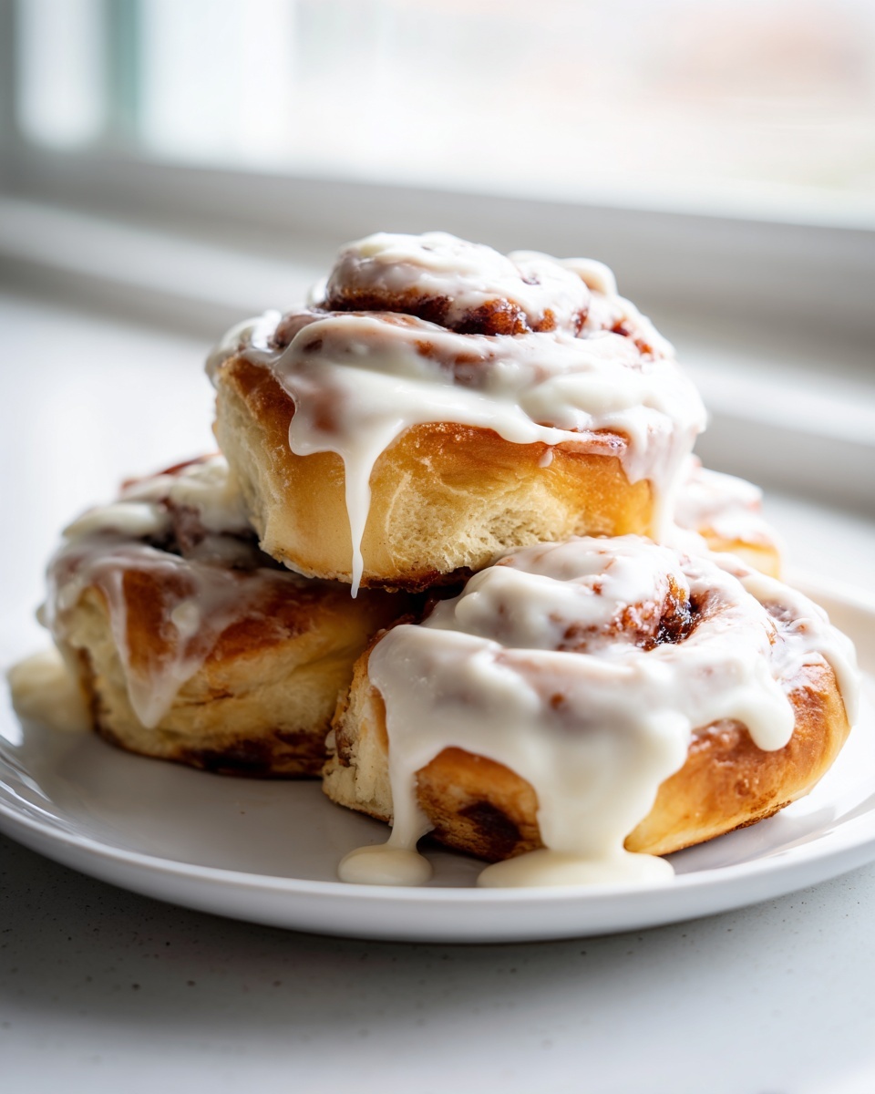 A stack of three gooey cinnamon rolls generously topped with dripping white cream cheese frosting.