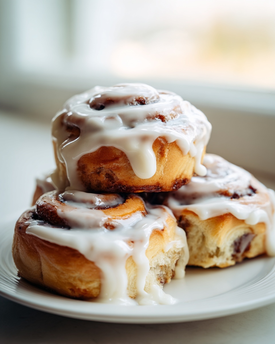 A stack of three gooey cinnamon rolls generously topped with dripping white icing on a white plate.