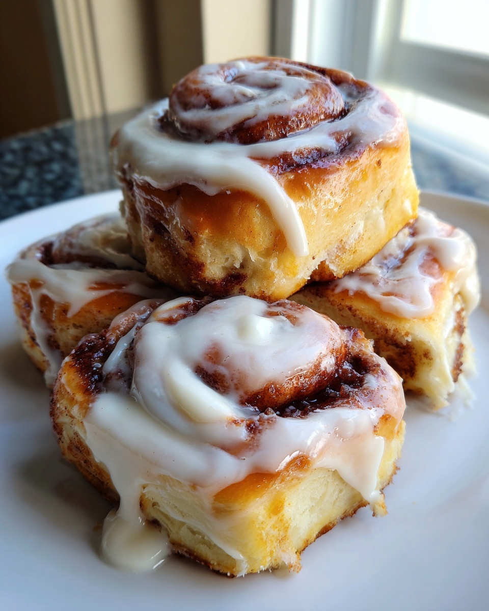 A stack of four incredibly gooey cinnamon rolls generously topped with dripping white icing.