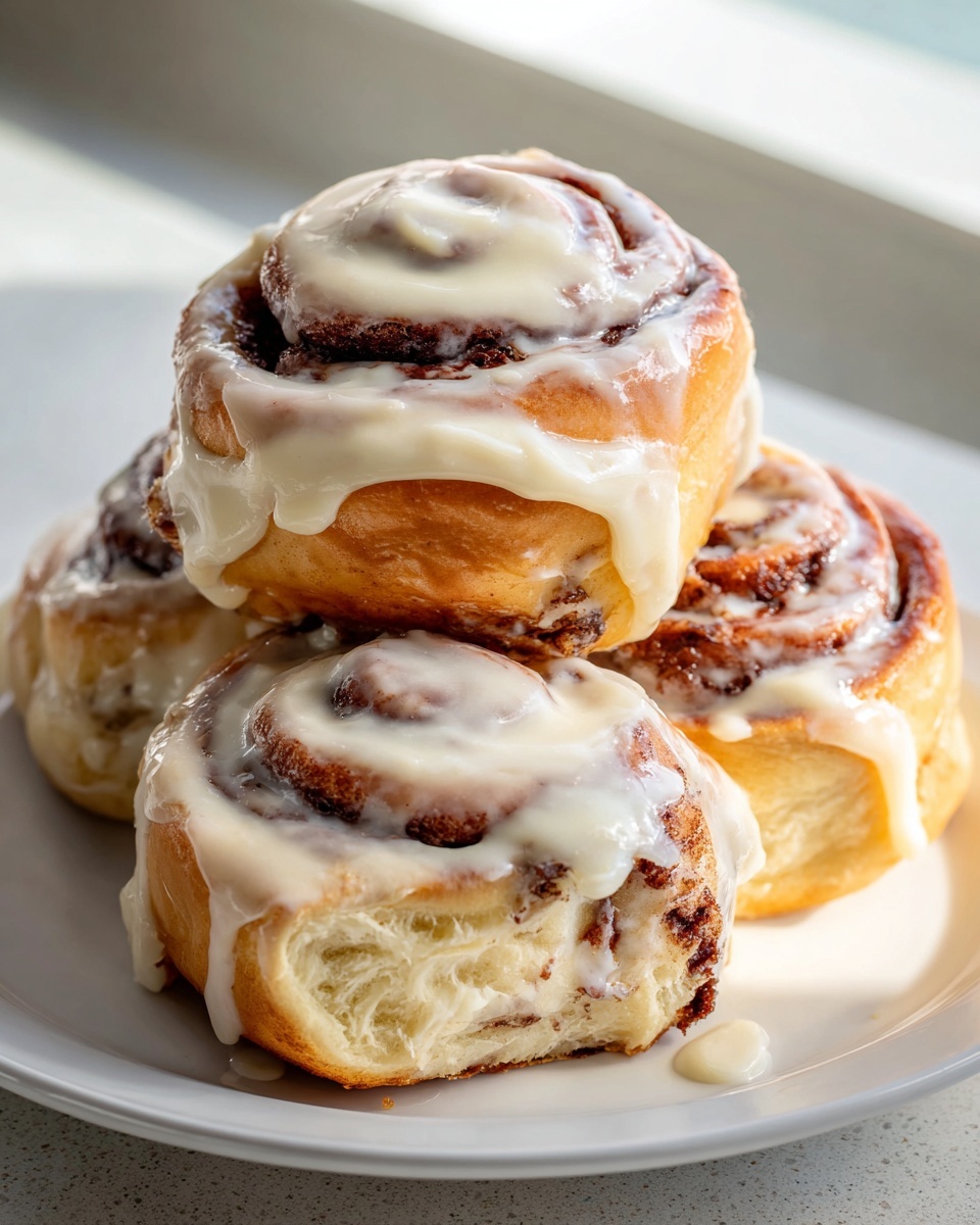 Close-up of a stack of four gooey cinnamon rolls generously topped with white cream cheese icing.